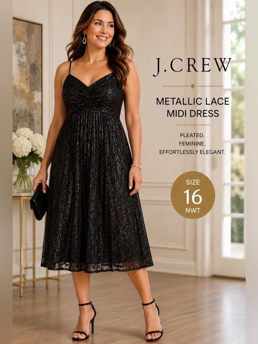 J.Crew Pleated Midi Dress in Black Metallic Lace Size 16 NWT